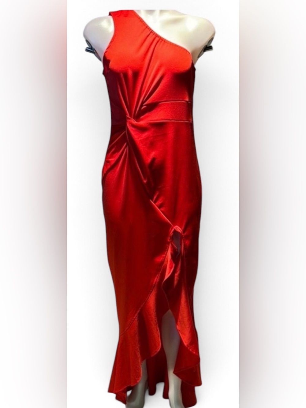 CBR One-Shoulder Red High-Low Satin Twist Gown